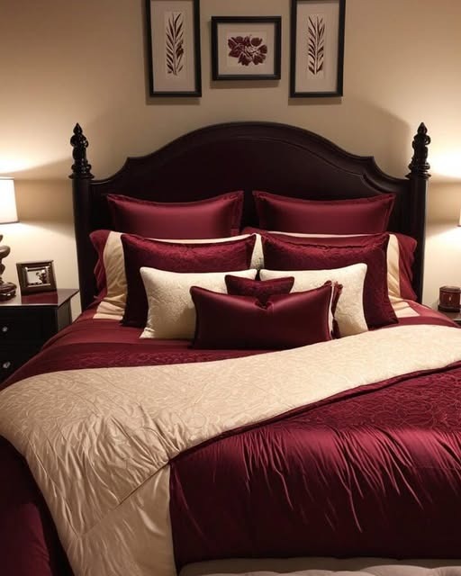 13. Classic Burgundy and Cream Layered Bedding - burgundy bedroom ideas