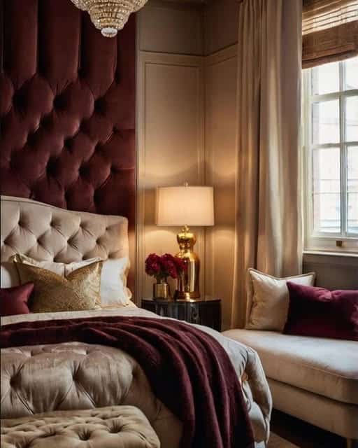 17. Burgundy Velvet with Tailored Upholstery - burgundy bedroom ideas