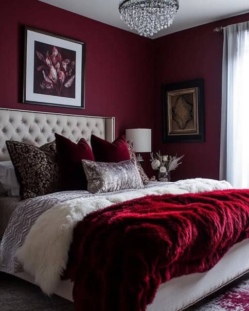 18. Burgundy Accent Wall with Soft Gray Headboard - burgundy bedroom ideas