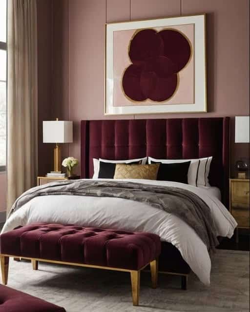 19. Burgundy Walls with Crystal and Texture - burgundy bedroom ideas