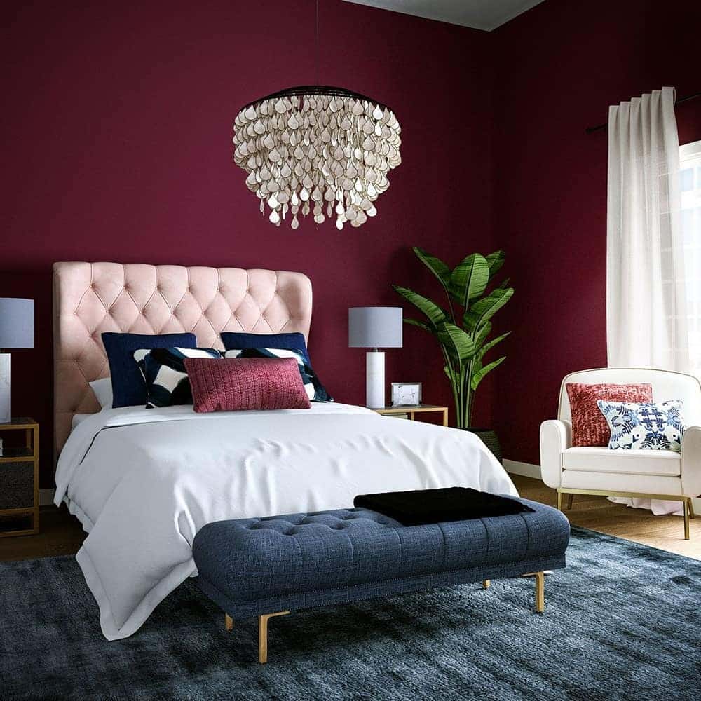 21. Burgundy Walls with Blush and Navy Contrast - burgundy bedroom ideas