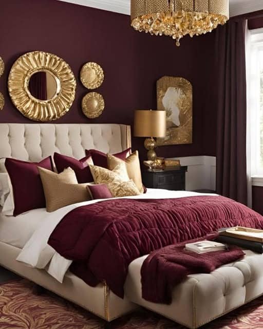 22. Burgundy and Gold Glam Bedroom Styling - burgundy bedroom ideas