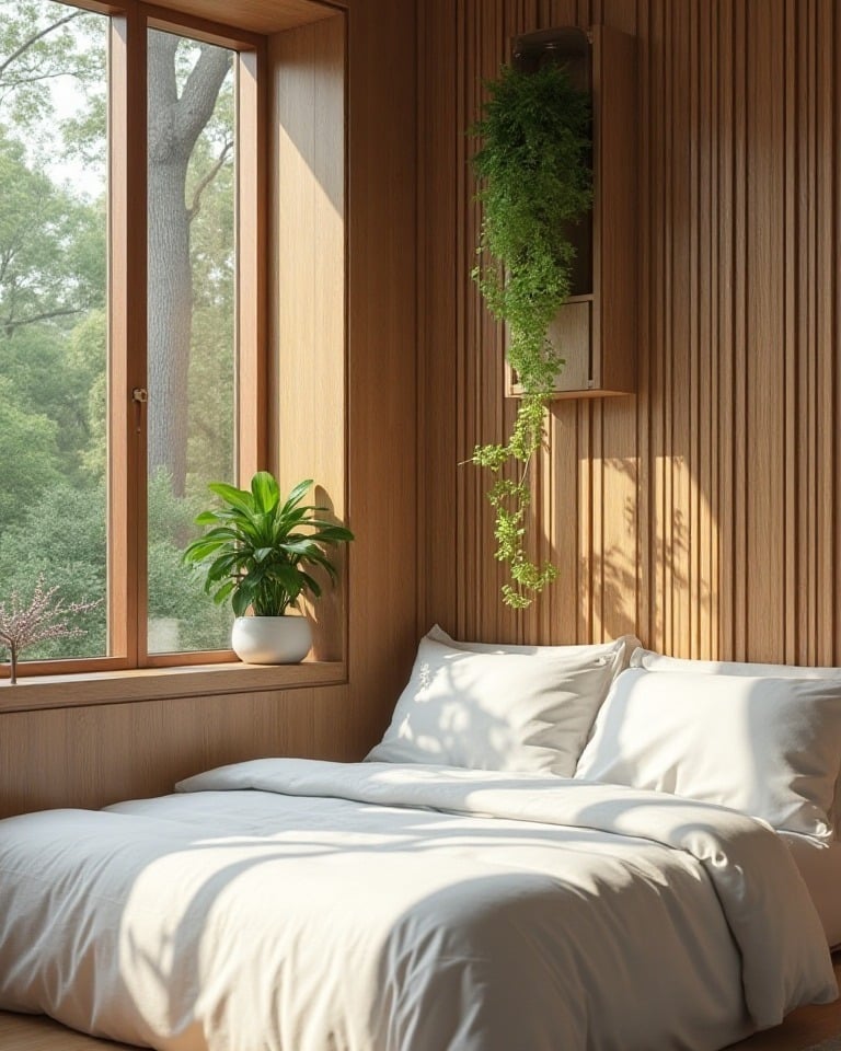 3. Wood-Clad Bedroom with Natural Light and Soft Earth Tones - nature bedroom ideas