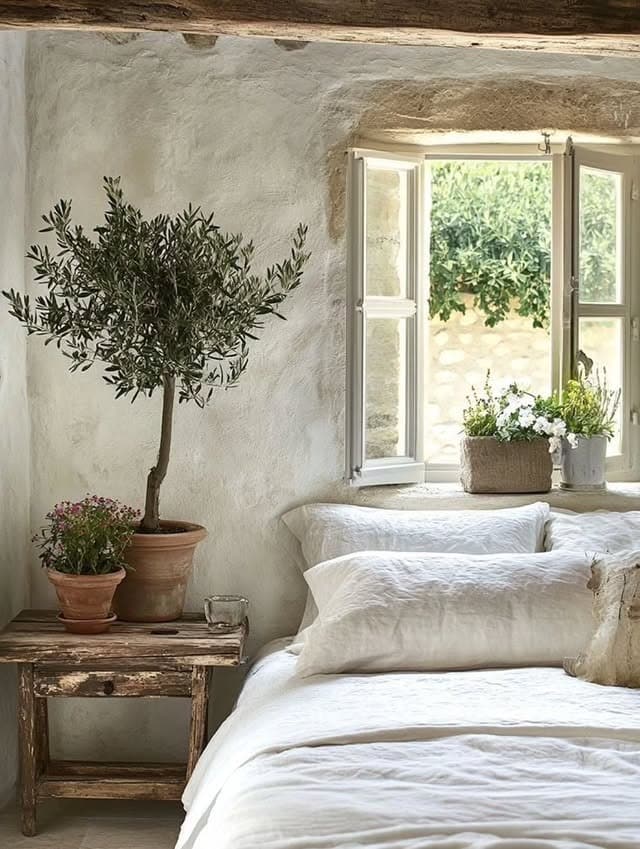 5. Rustic Stone Bedroom with Mediterranean Whites and Greenery - nature bedroom ideas