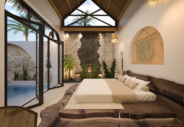 10. Tropical Courtyard Bedroom with Organic Textures and Soft Neutrals - nature bedroom ideas