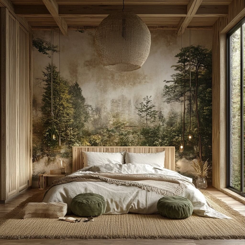 11. Forest Mural Bedroom with Soft Wood and Warm Neutrals - nature bedroom ideas