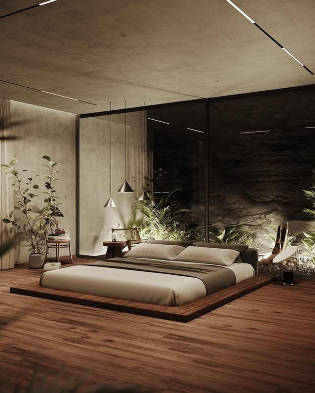 16. Contemporary Nature Bedroom with Concrete, Wood, and Soft Lighting - nature bedroom ideas