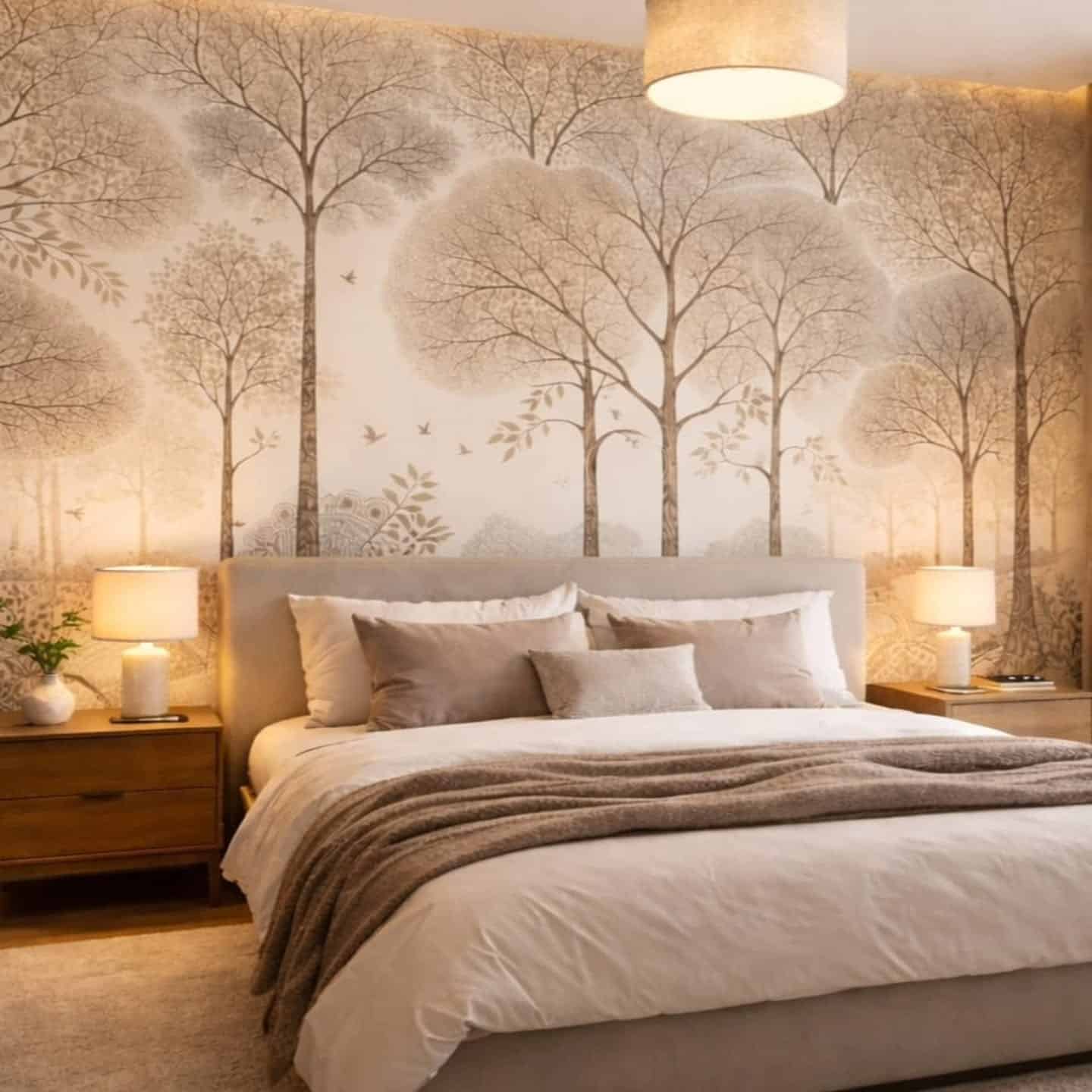 17. Tree Pattern Wallpaper Bedroom with Beige and Soft Taupe - nature bedroom ideas
