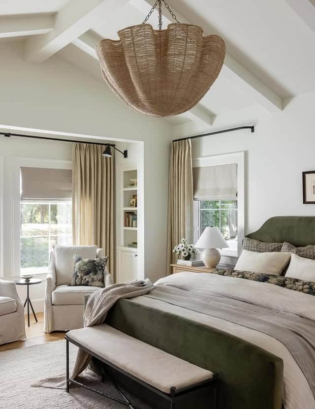 19. Soft Green Bedroom with Woven Lighting and Neutral Layers - nature bedroom ideas