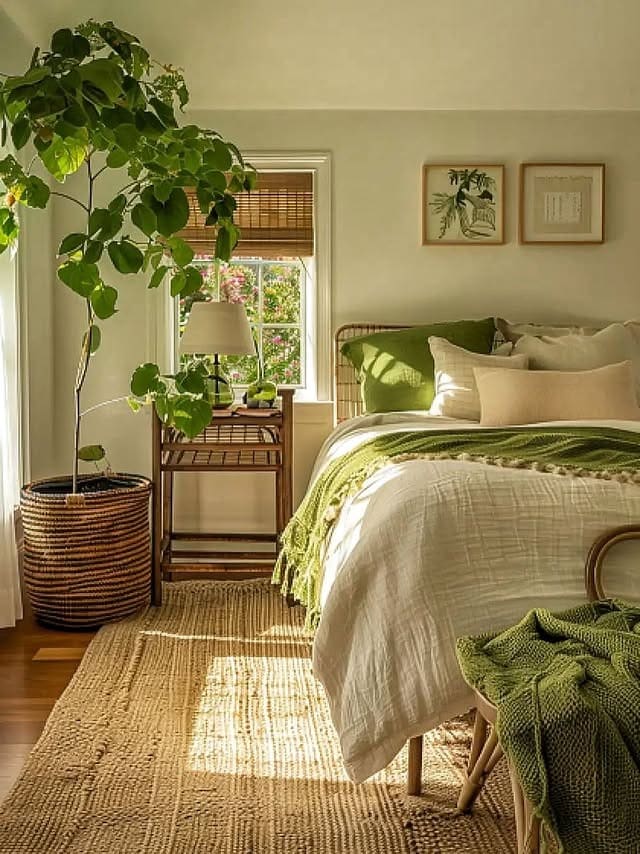 22. Light Botanical Bedroom with Soft Green and Warm Neutrals - nature bedroom ideas