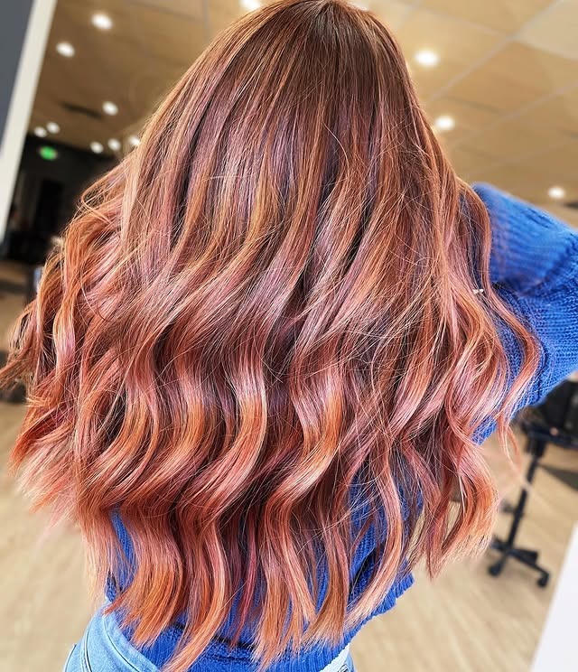 2. Rose Copper Balayage on Long Waves - Fall Hair Colors