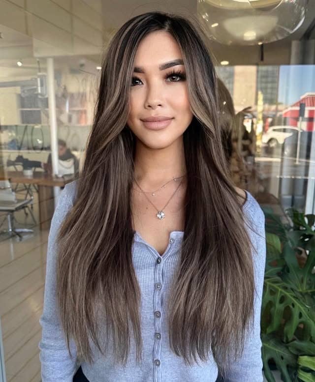 4. Long Ash Brown Layers with Face-Framing Highlights - Fall Hair Colors