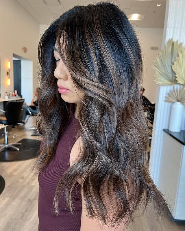 6. Cool Brunette Waves with Smoky Highlights - Fall Hair Colors