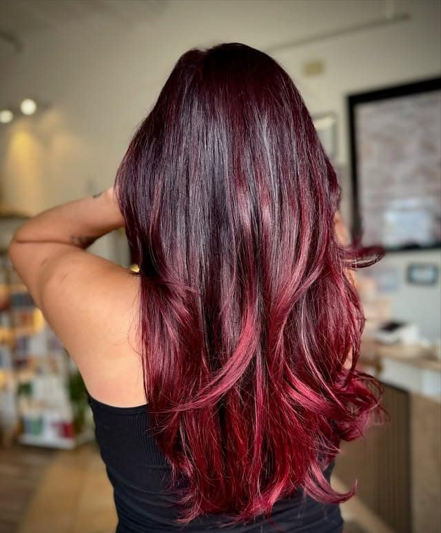 10. Dark Cherry Red Layers with Gloss Finish - Fall Hair Colors