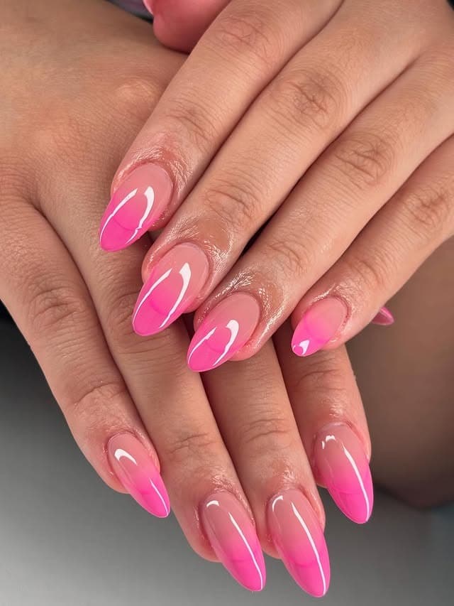 2. Classic Glossy Pink Ombre Almond Nails - pink ombre nail ideas