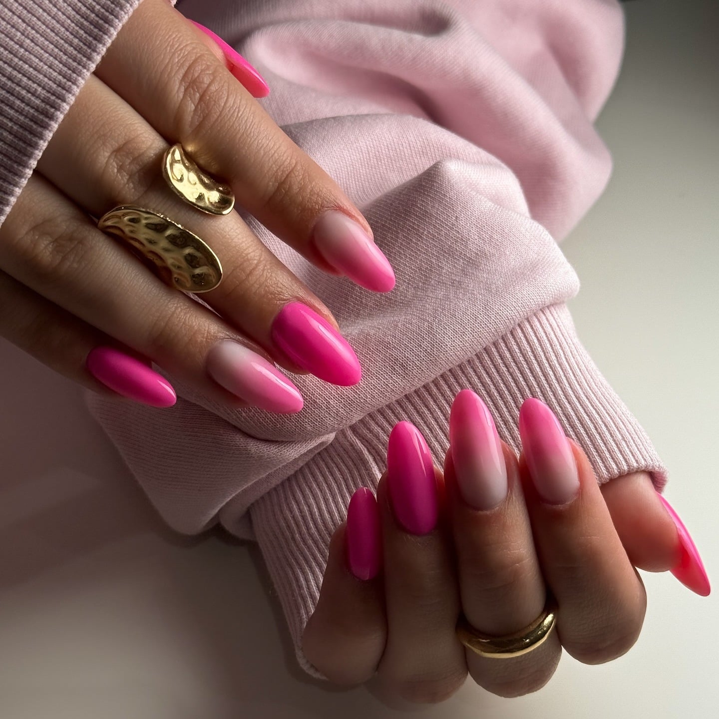 4. Bold Almond Pink Ombre with Deep Fade - pink ombre nail ideas