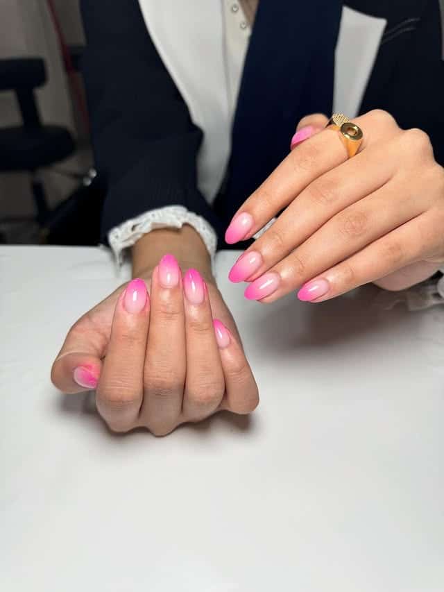 11. Almond Pink Ombre with Bright Fade Tips - pink ombre nail ideas