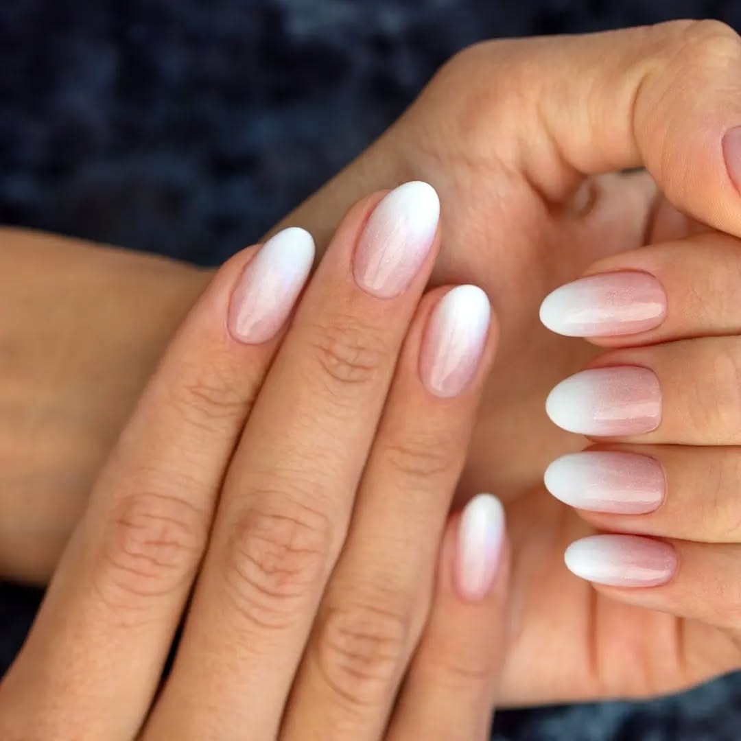 20. Pink to White Ombre Almond Nails - pink ombre nail ideas