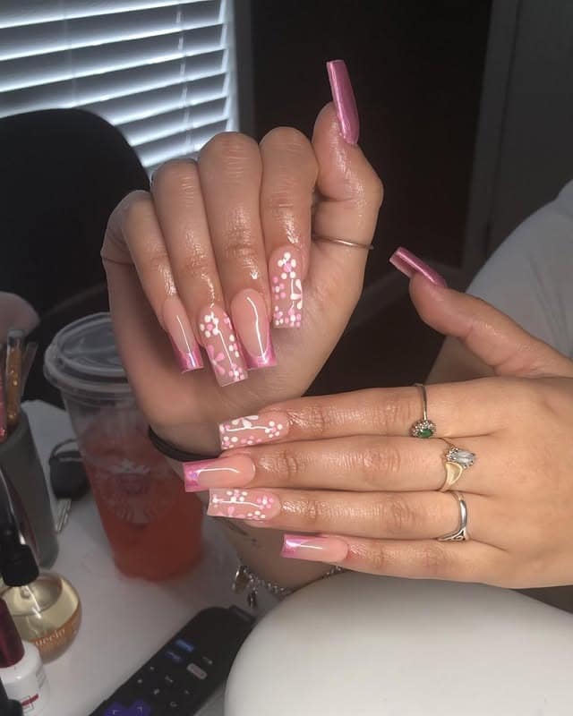 2. Pink French Tips with Daisy Accents - pink spring nail ideas