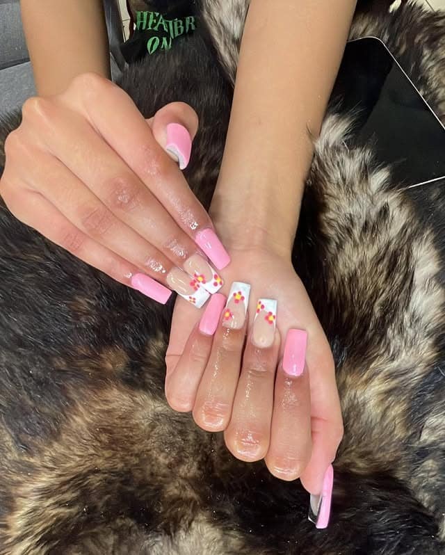 3. Pink Square Nails with Floral Confetti Art - pink spring nail ideas