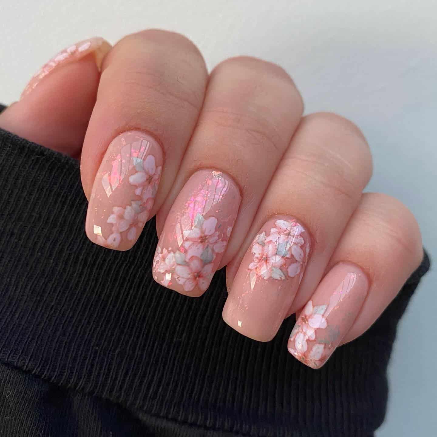 5. Pressed Flower Pink Gel Nails - pink spring nail ideas