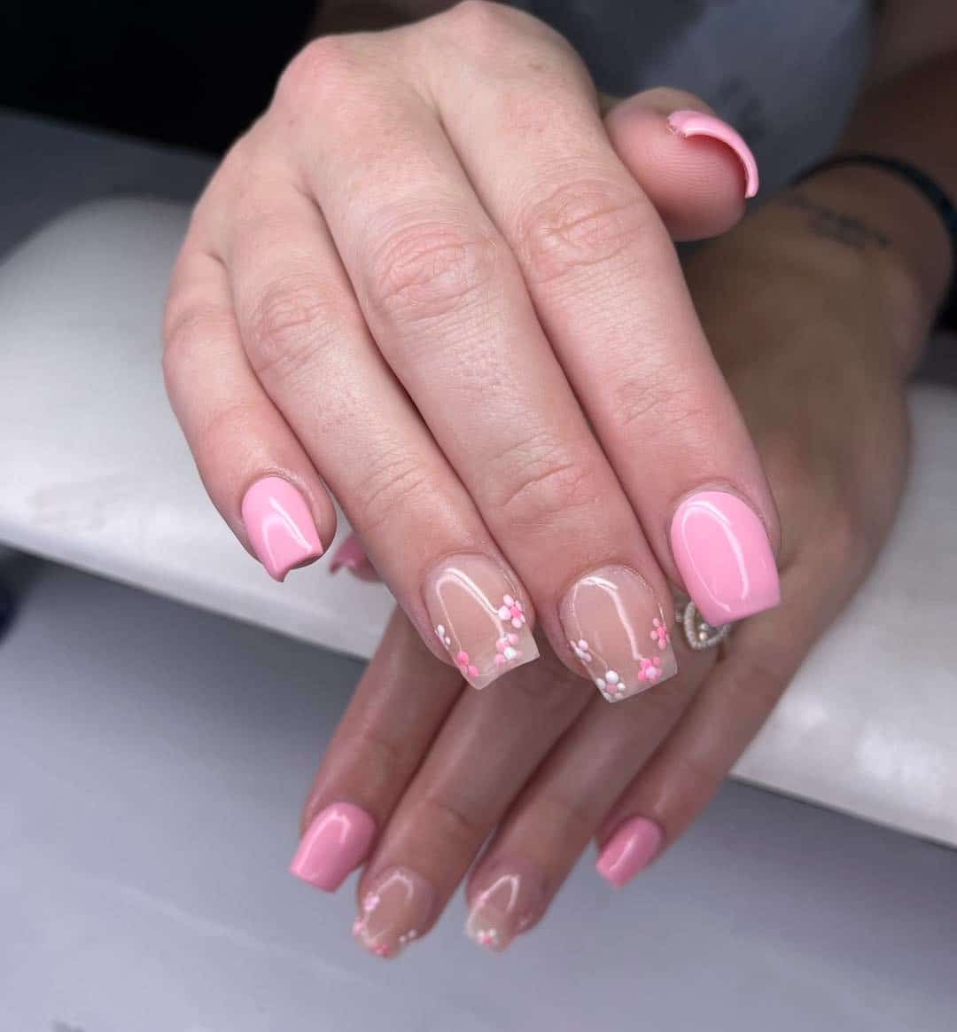6. Sheer Pink Nails with Micro Floral Borders - pink spring nail ideas
