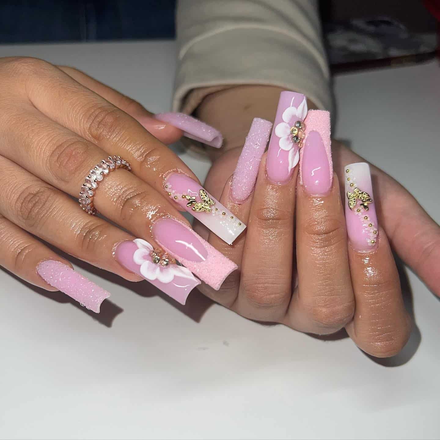 8. Pink Ombre Nails with White Flower Art - pink spring nail ideas