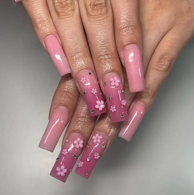 12. Soft Pink Coffin Nails with Floral Crystal Details - pink spring nail ideas