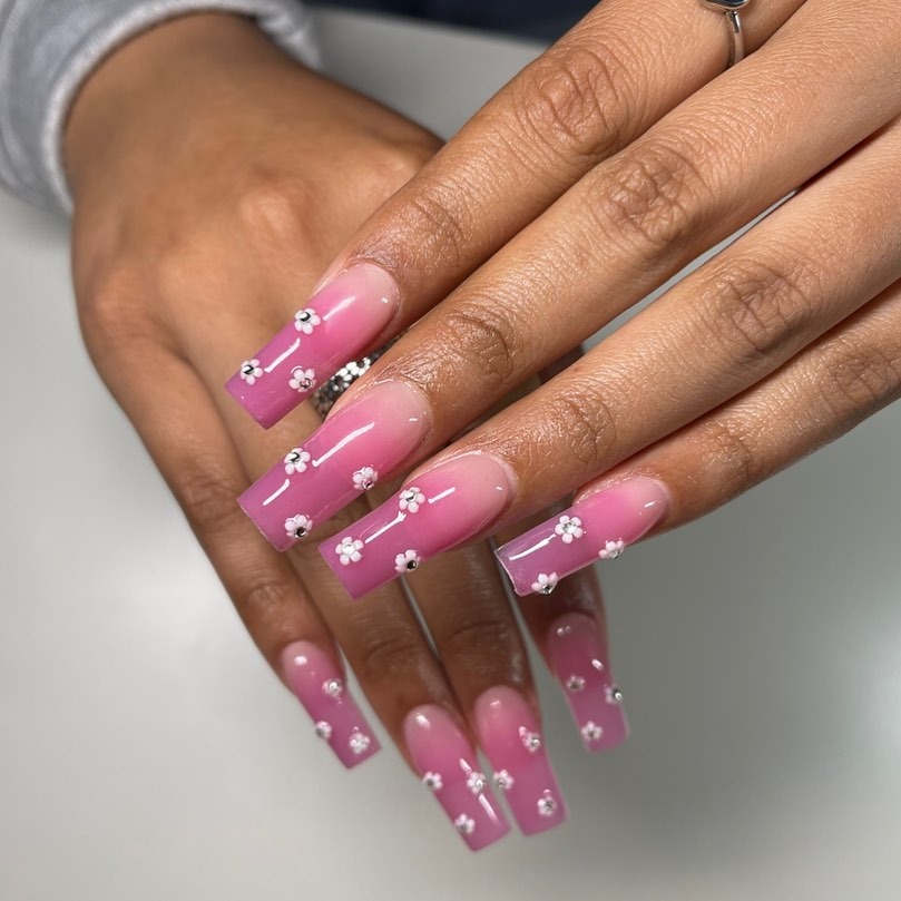 16. Pink Ombre Square Nails with Mini Flower Accents - pink spring nail ideas