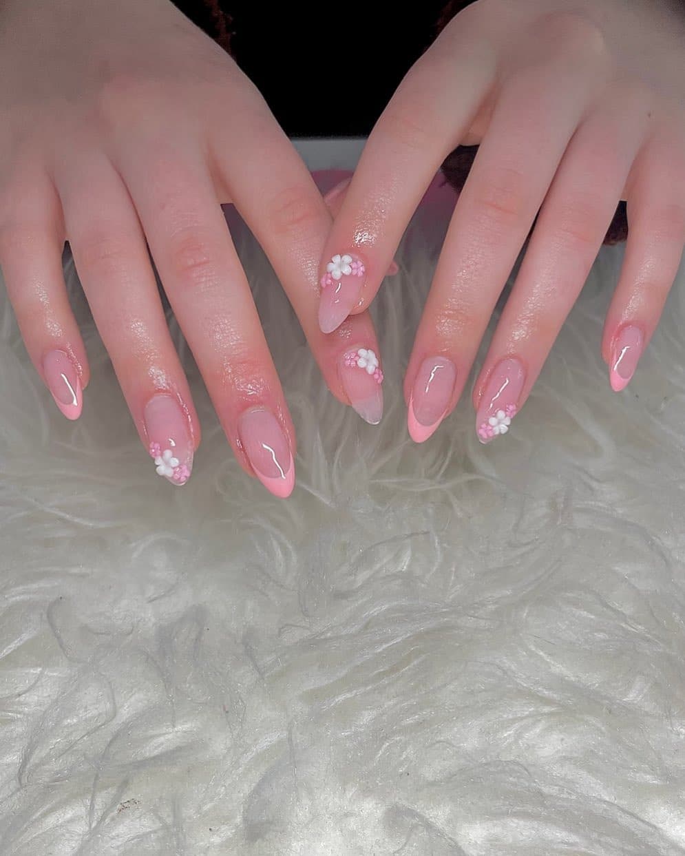 18. Sheer Pink Almond Nails with 3D Floral Clusters - pink spring nail ideas
