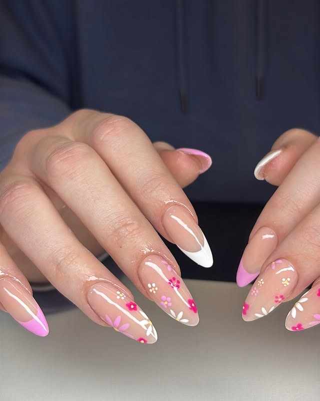 20. Pink French Almond Nails with Multicolor Floral Tips - pink spring nail ideas