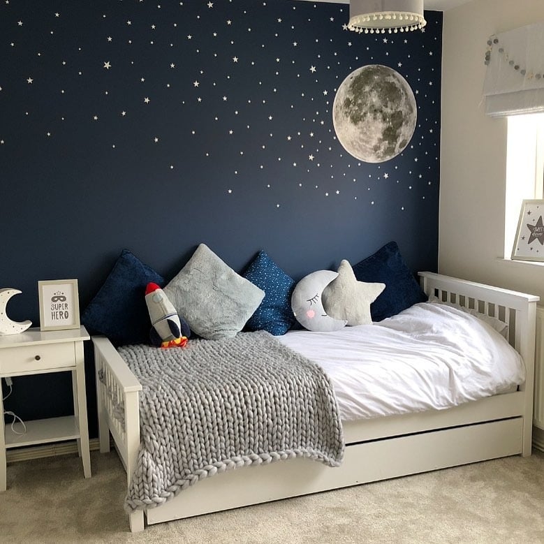 2. Starry Night Toddler Bedroom in Midnight Blue and Soft Gray - space bedroom ideas