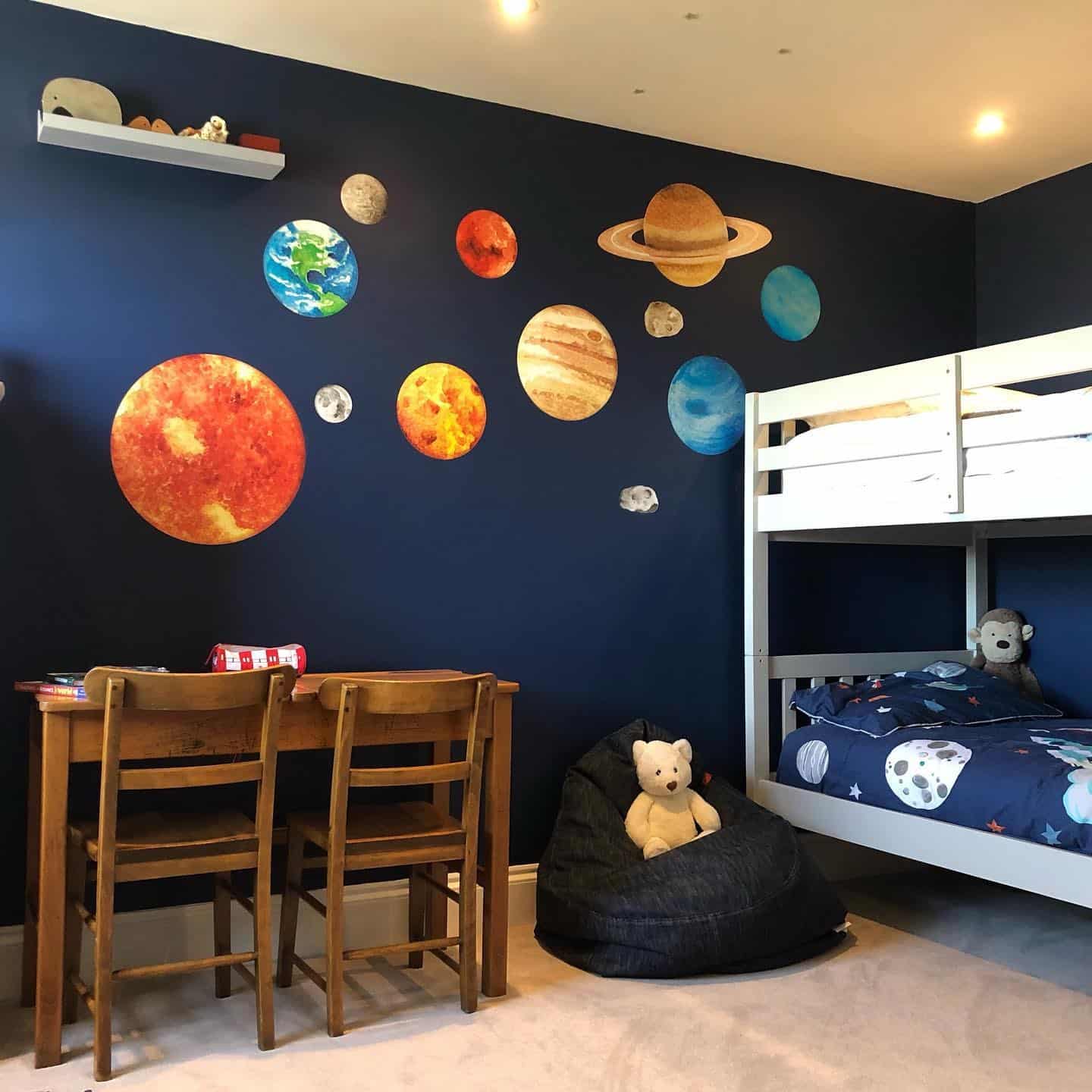4. Solar System Feature Wall Bedroom in Deep Blue and Multicolor - space bedroom ideas