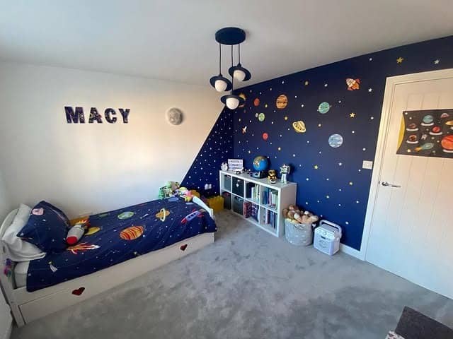 5. Galaxy-Themed Childrenās Room in Navy and Soft Neutrals - space bedroom ideas