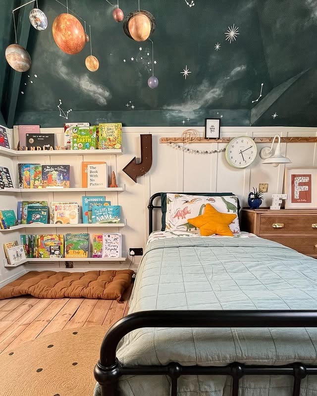 8. Cosmic Storybook Bedroom in Forest Green and Earthy Neutrals - space bedroom ideas