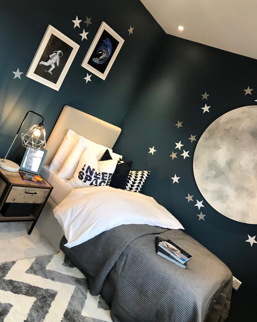 9. Modern Moon Feature Bedroom in Deep Teal and Soft Gray - space bedroom ideas