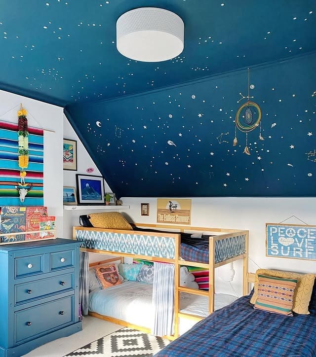 10. Celestial Loft Bedroom in Blue Teal and Patterned Neutrals - space bedroom ideas