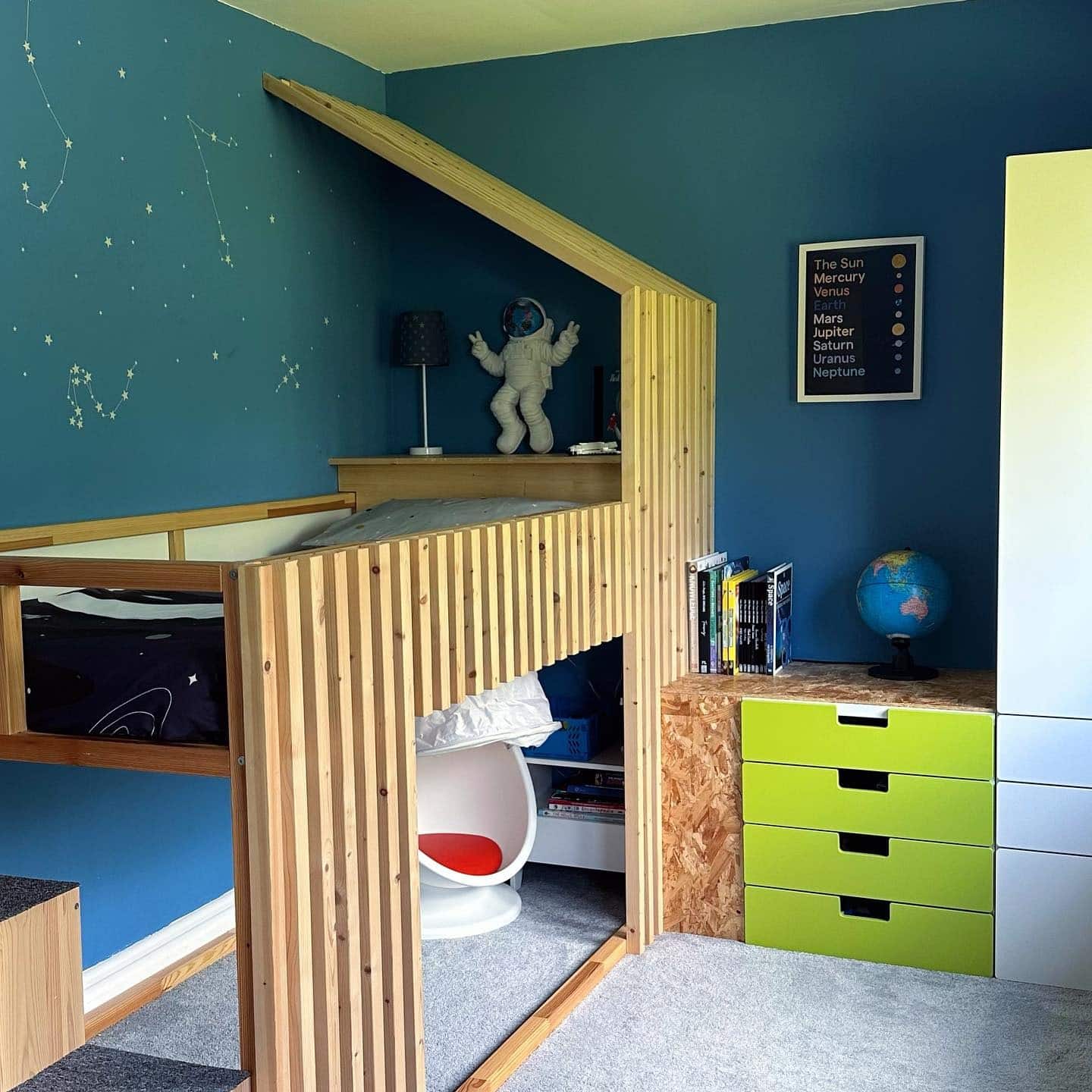 11. Built-In Loft Space Bedroom in Teal Blue and Natural Pine - space bedroom ideas