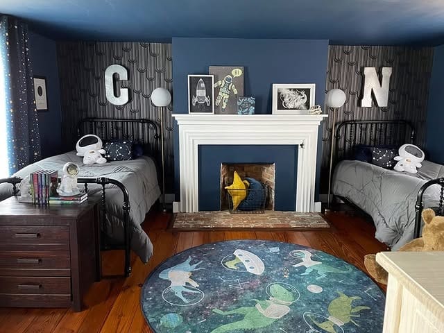 13. Symmetrical Space-Themed Twin Bedroom in Deep Blue and Soft Gray - space bedroom ideas