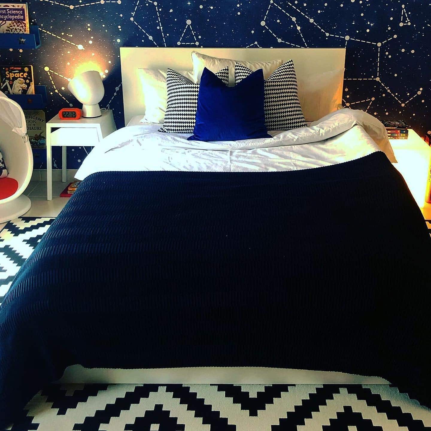 18. Constellation Feature Wall Bedroom in Navy and White - space bedroom ideas