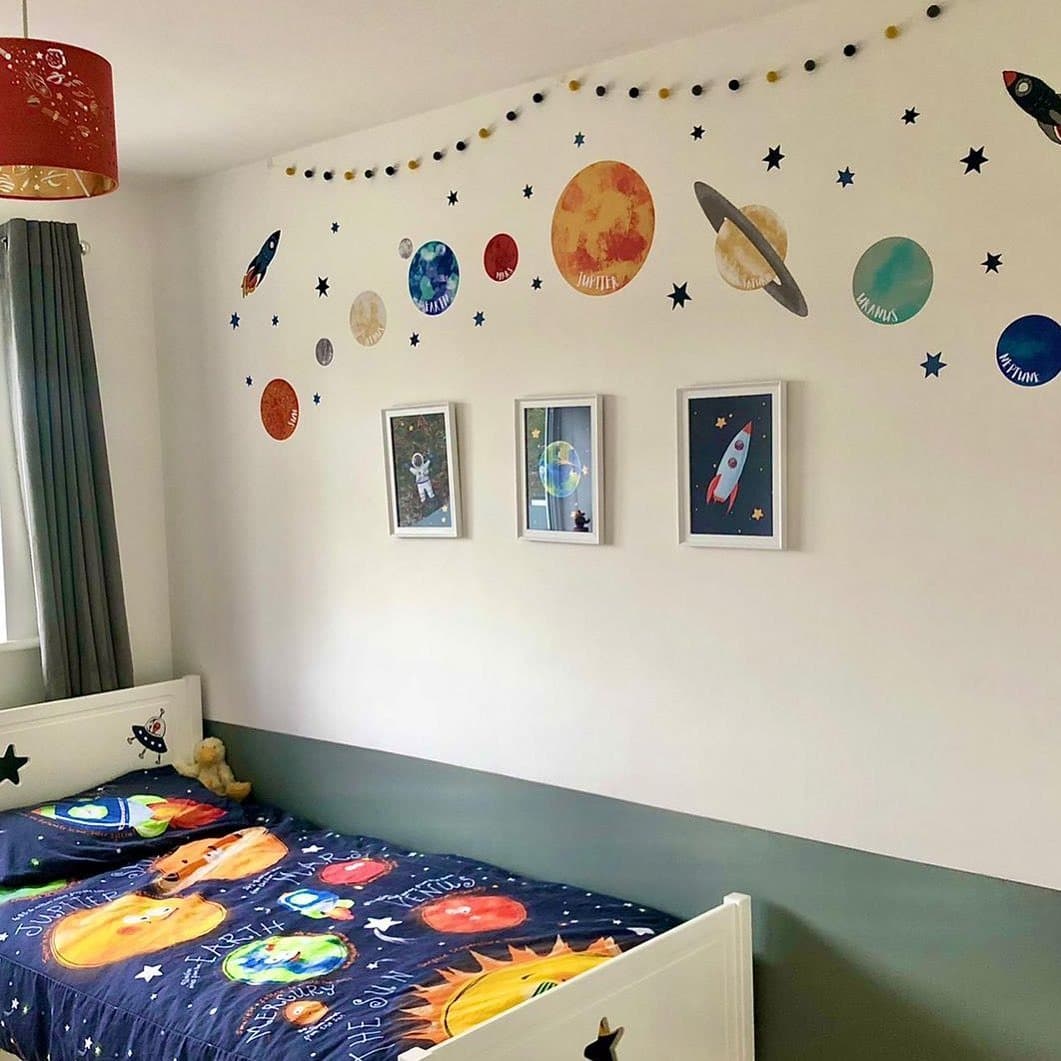 21. Solar System Feature Wall Bedroom in Soft White and Muted Blue - space bedroom ideas