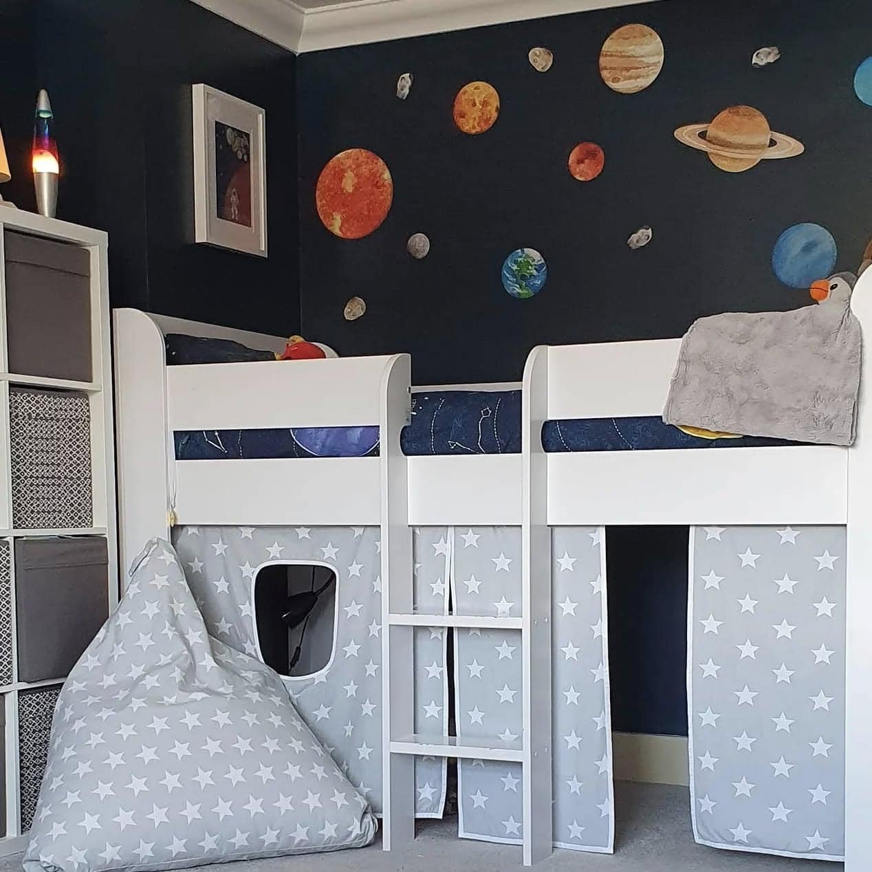 22. Loft Space Bedroom with Planet Wall in Charcoal and Soft Gray - space bedroom ideas