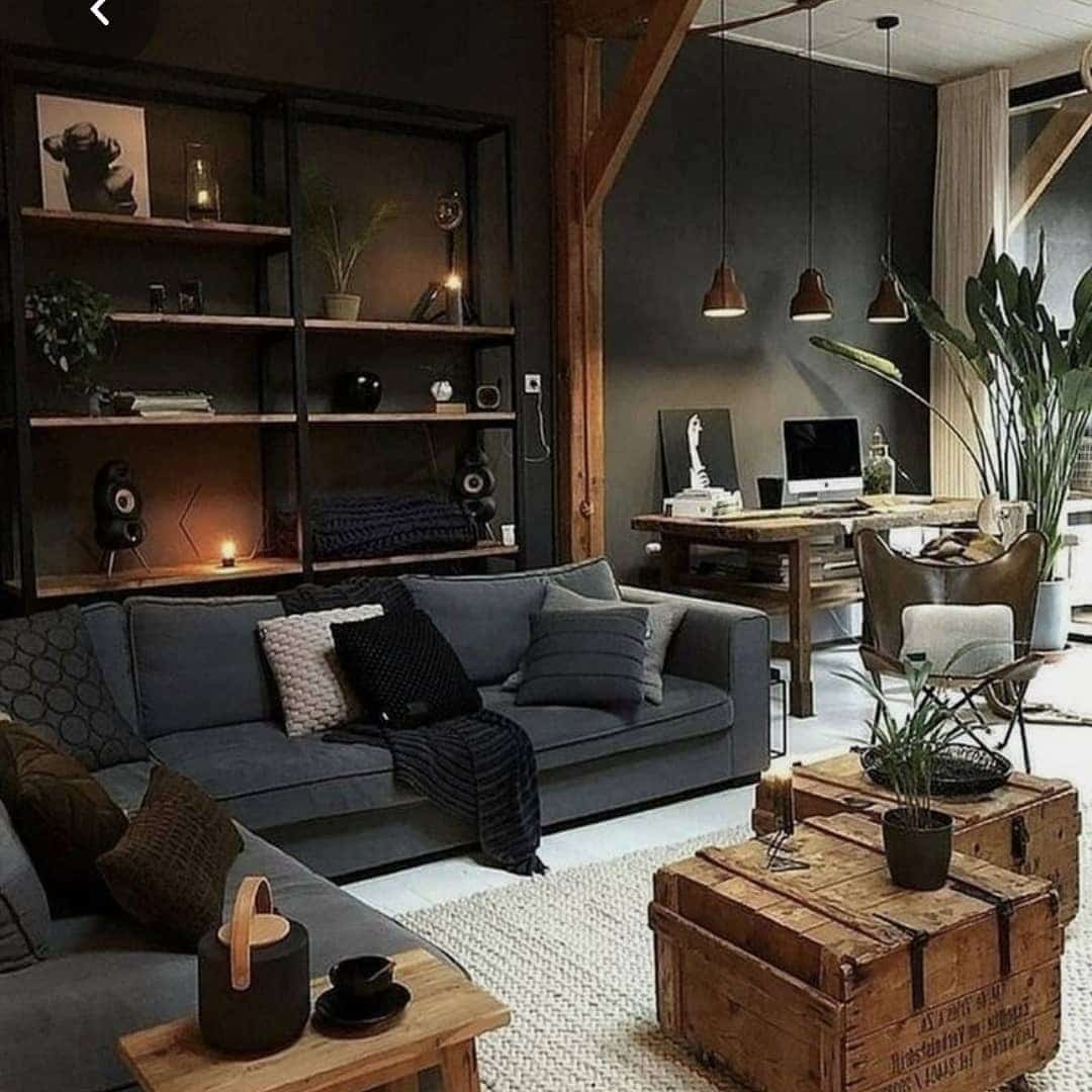1. Industrial Charcoal Loft Living Room - dark grey living room ideas