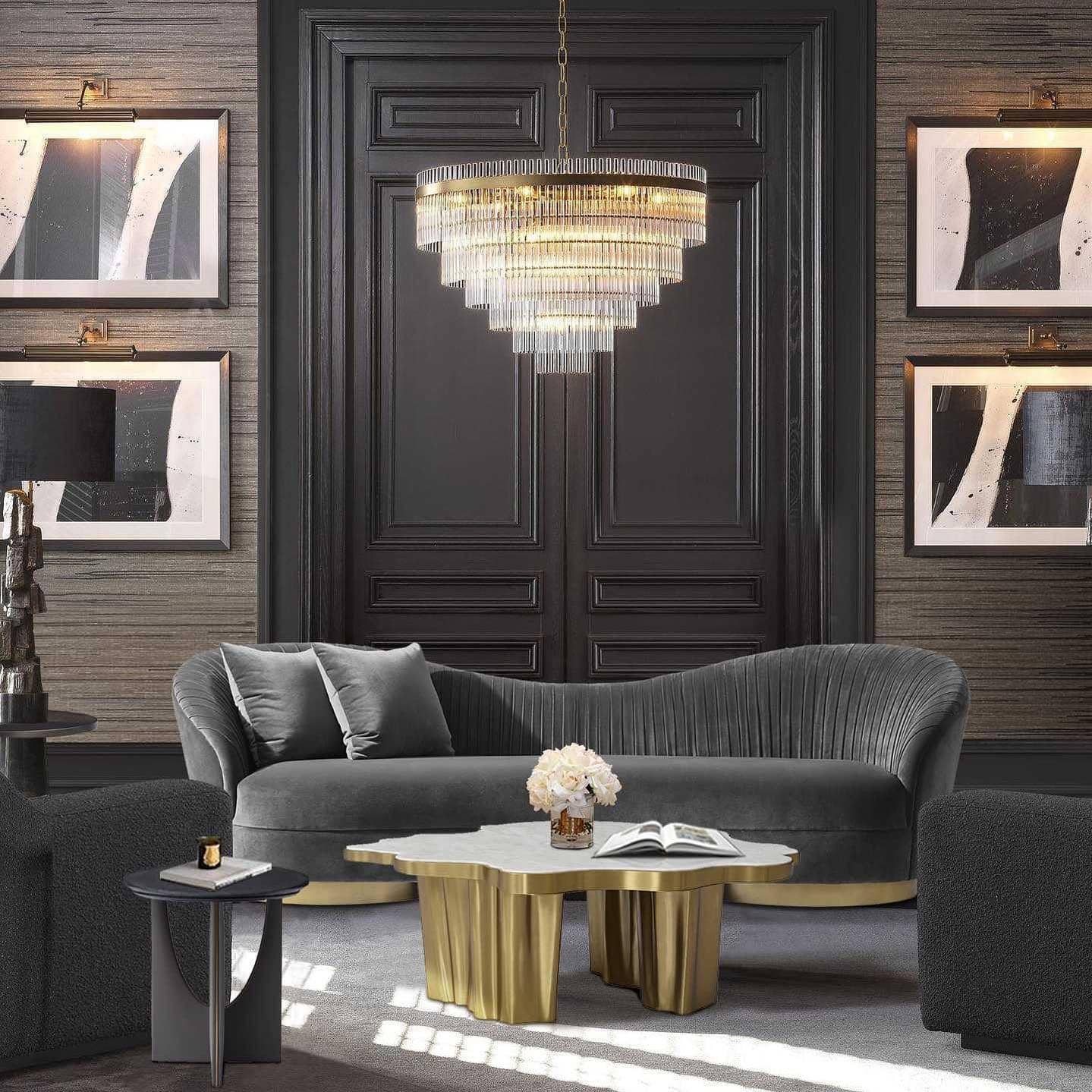 3. Modern Graphite Living Room with Sculptural Lighting - dark grey living room ideas