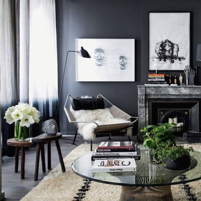 7. Contemporary Smoke Grey Living Room with Open Shelving - dark grey living room ideas