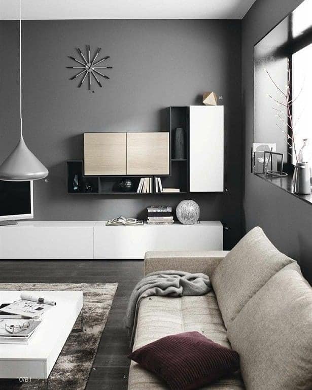12. Modern Graphite Living Room with Floating Storage - dark grey living room ideas