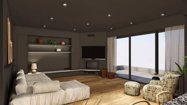 13. Open-Plan Dark Grey Living Room with Warm Wood Floors - dark grey living room ideas