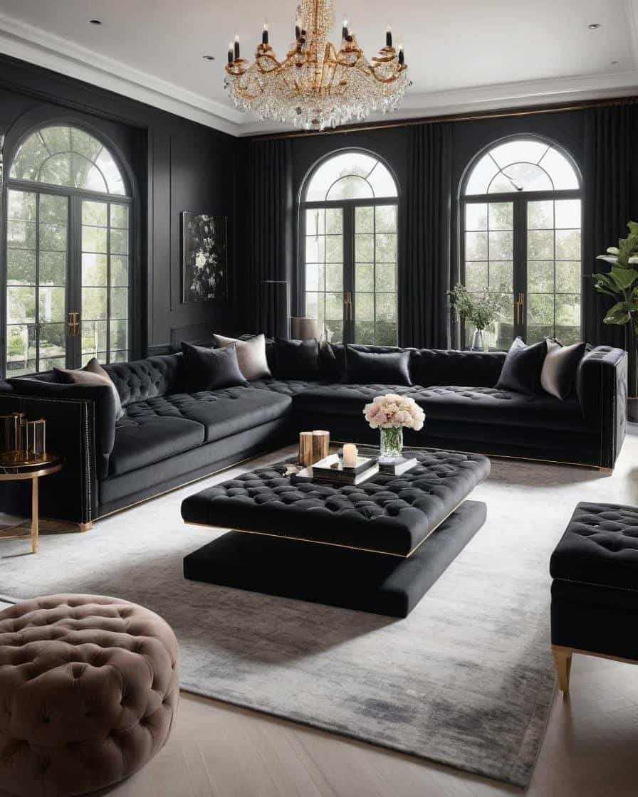 14. Formal Charcoal Living Room with Statement Chandelier - dark grey living room ideas