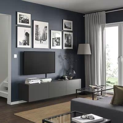 15. Soft Slate Grey Living Room with Gallery Wall - dark grey living room ideas