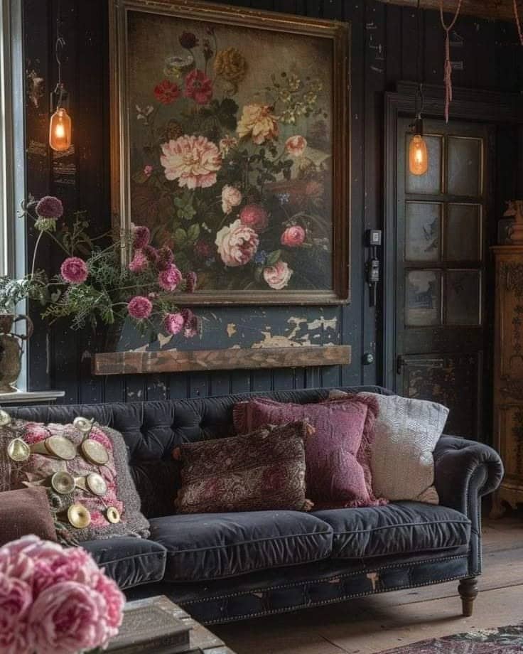 17. Romantic Charcoal Living Room with Vintage Details - dark grey living room ideas